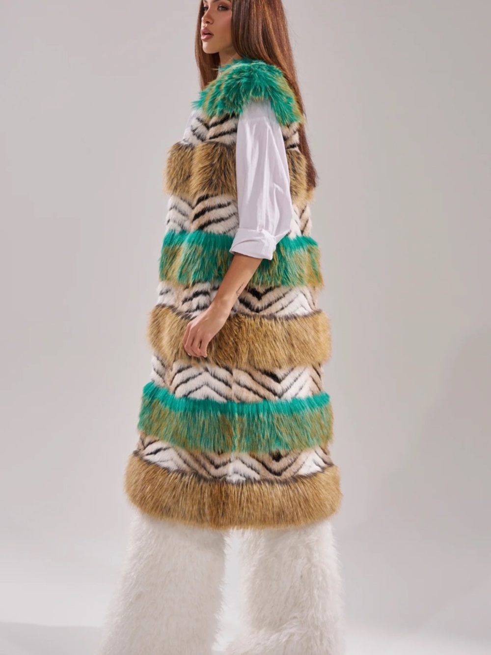 AKIRA Multi-Color Faux Fur Long Vest with Teal Accents - Picture 5 of 7
